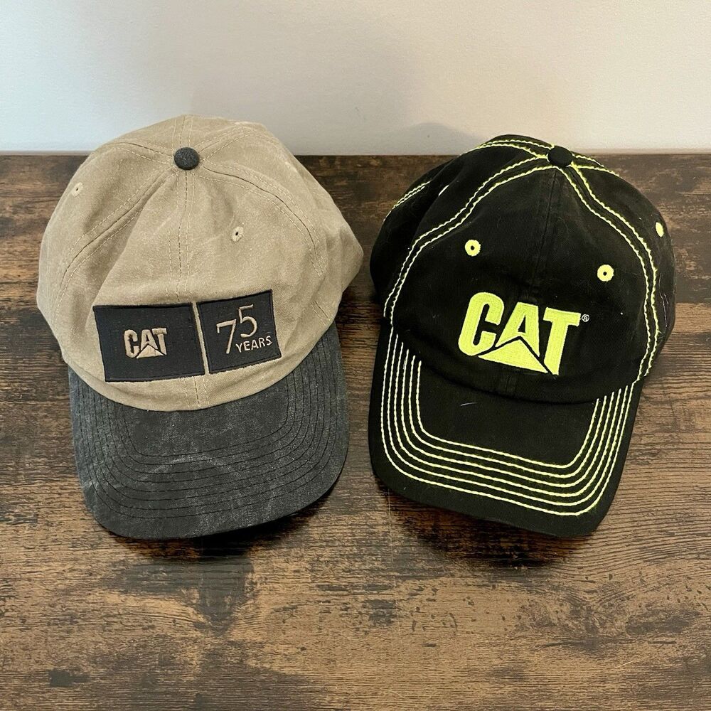 Set of 2 Vintage Caterpillar CAT Men’s Adjustable Hats Black Yellow & 75 Years